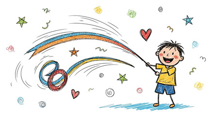 Happy Boy Playing with Colorful Rainbow Wand.