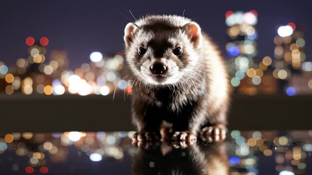 Cute Ferret Gazing at Camera on Reflective Surface with Bokeh City Lights at Night, Pet Animal, 4K