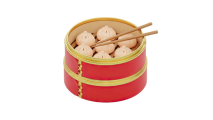3D Steamed Dumplings in a Red Bamboo Steamer with Chopsticks on transparent background