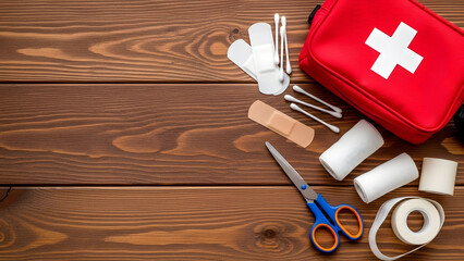First aid kit with medical supplies on wooden table