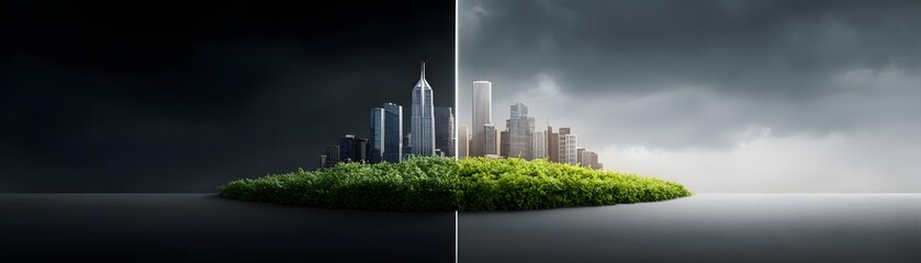 Fototapeta premium Magazine-style photograph depicting both risks and rewards of investing in emerging markets, divided composition with left side showing economic turmoil and right side showing prosperous growth,