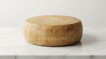 Whole cheese wheel with engraved National Cheese Lover’s Day message on neutral background