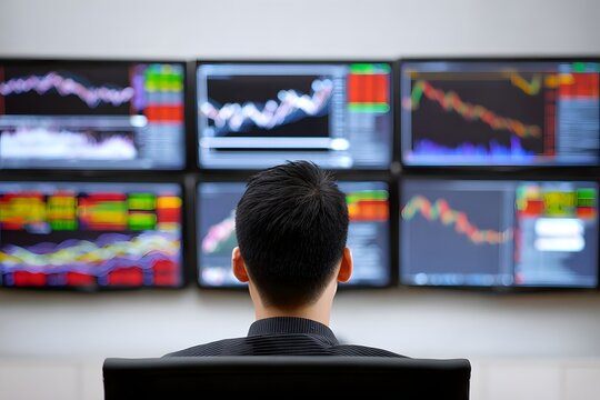 Documentary photograph showcasing the risks of investing in emerging markets, a bustling cityscape with fluctuating stock prices displayed on large screens, stressed investors in foreground,