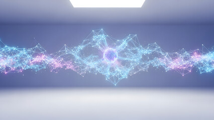 A dynamic digital network of glowing blue and purple lines forms an abstract wave.