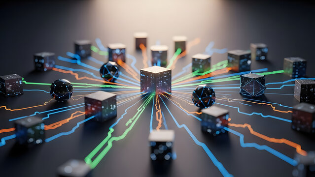 Interconnected cubes and spheres form a decentralized data network with colorful lines. - Powered by Adobe