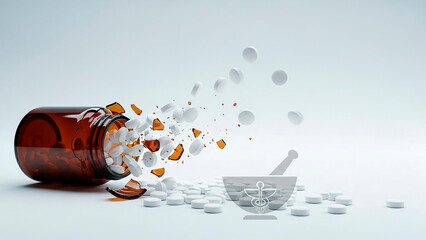 Pills shattering from broken bottle with pharmacy logo