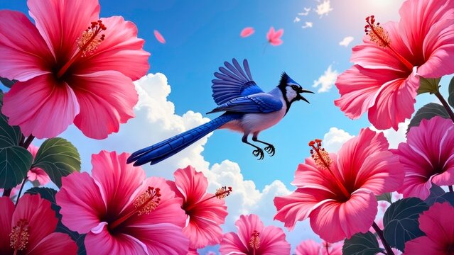 Blue magpies fly over the bright red flowers