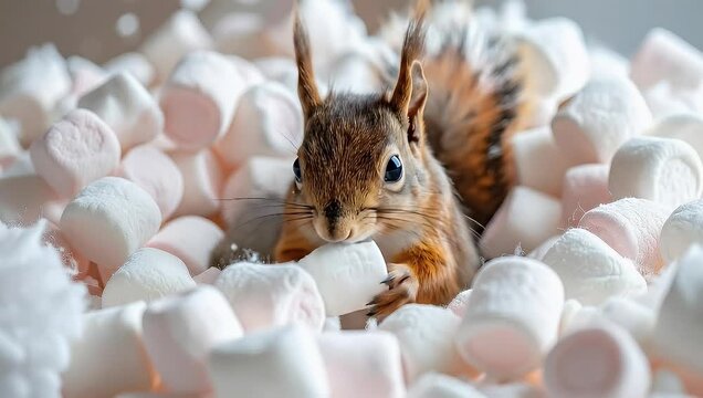A Playful Squirrel Enjoying Marshmallows in a Sweet and Delightful Feast of Delights