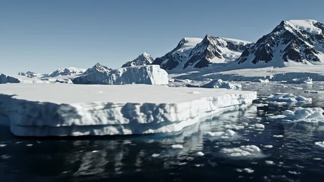 Large icebergs floating on dark blue water with snowcovered mountains in the background under a clear blue sky
