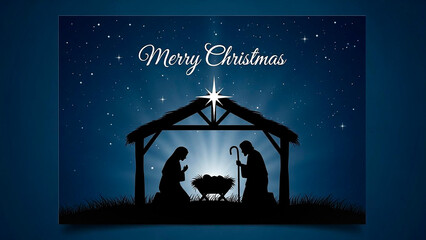 Nativity scene silhouette with merry christmas under star
