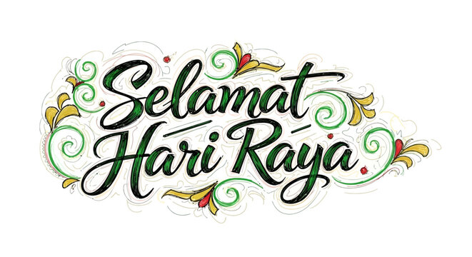 Selamat Hari Raya Calligraphy with Decorative Flourishes.
