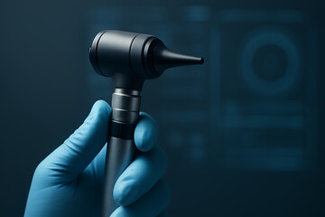 Fototapeta premium Doctor hand in blue glove holding a professional black otoscope for ear inspection and diagnostics