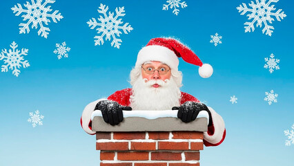 Santa claus emerging from chimney with surprise expression