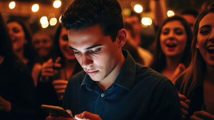 Man using smartphone at party social isolation concept