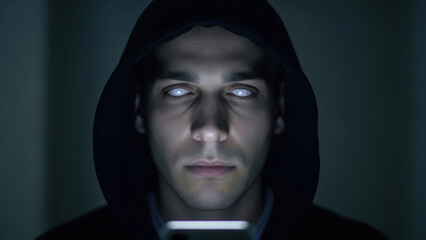 Man with glowing eyes using smartphone in dark room