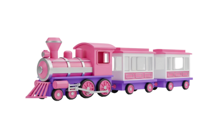 3D Pink and purple cartoon train on transparent background