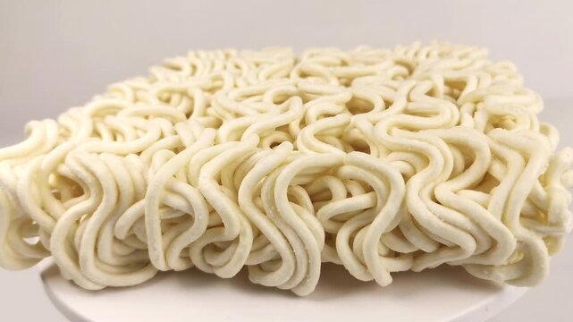 Close-up footage of dry uncooked noodles showcasing detailed texture and unique patterns, captured in macro view to highlight shape, strands, and natural color, ideal for food content