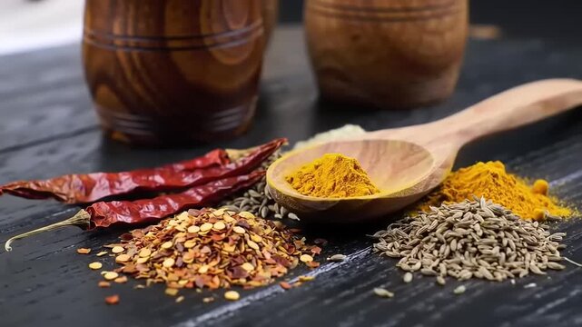 Spices and wooden spoon on black table.