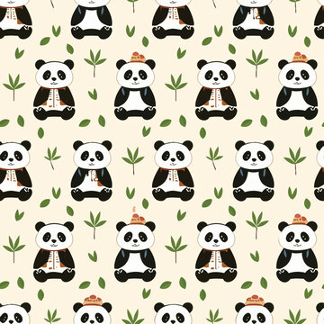cute panda in traditional Chinese robe vector flat design, 