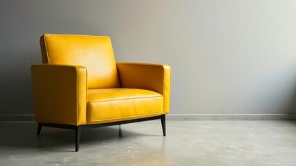 Yellow chair leaning against shallow cold toned indoor space