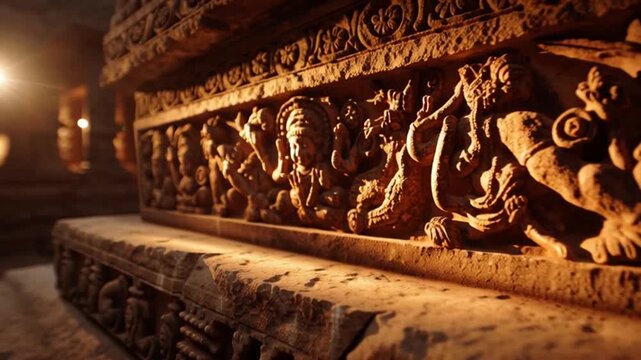 Ancient temple carvings illuminated by light