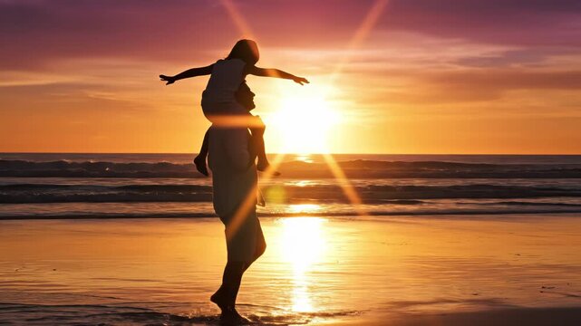 Silhouette of a man carrying a child on his shoulders at sunset beach