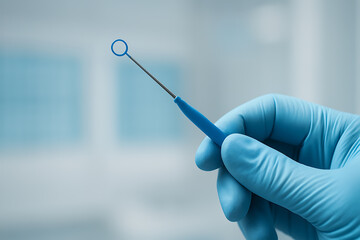 Medical technician hand in blue glove holding a thin blue loop probe for sterile laboratory sample handling