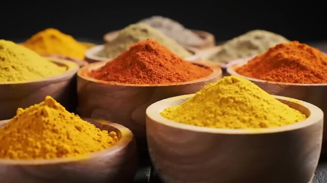 Spices in wooden bowls on black surface.