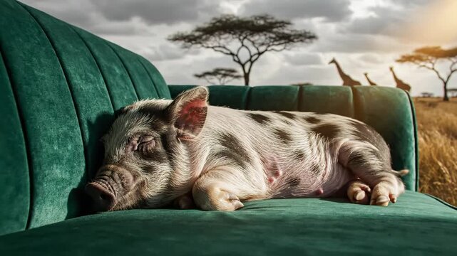 Adorable Piglet Napping Peacefully on a Cozy Sofa in the African Savanna at Sunset