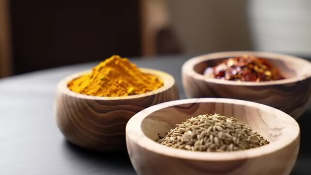 A trio of wooden bowls filled with vibrant spices, showcasing the rich colors and textures of culinary ingredients on a dark surface