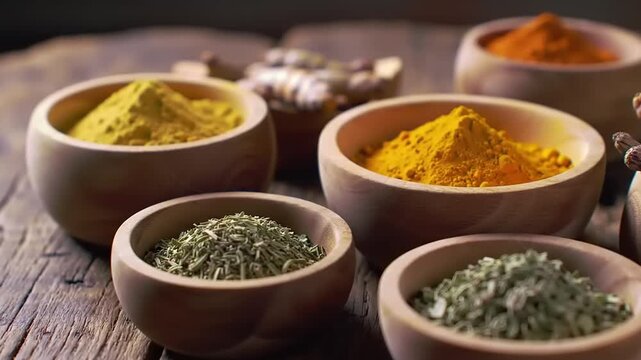 Aromatic Spices in Wooden Bowls on a Rustic Wooden Surface, Showcasing Culinary Delights