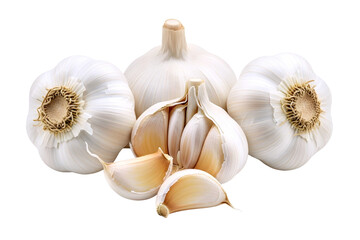 Fresh garlic bulbs and cloves on white background isolated on transparent background