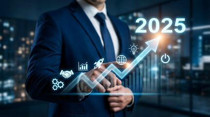 Businessman pointing arrow graph corporate future growth plan,business development to success and growing growth year 2025 concept,analyzing financial data and economic strategy in office.