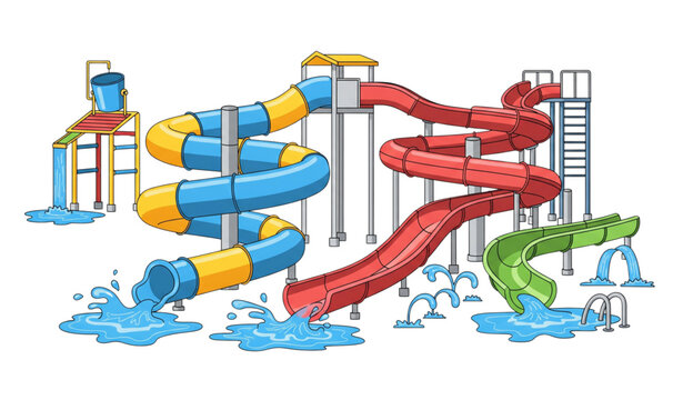 Aquapark water slide vector illustration with colorful spiral tube attractions isolated on white background