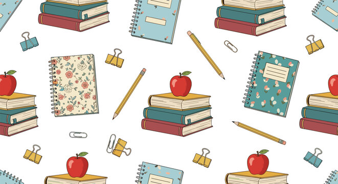 Seamless back to school pattern with stacks of books, apples, notebooks, pencils, and paper clips scattered on a clean white background.