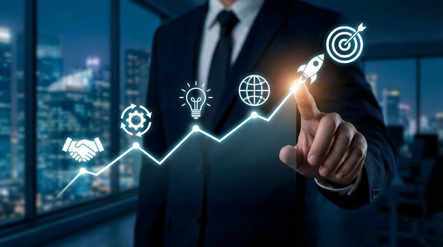 Businessman hand touching rocket launching on growth line with icons,concept of startup business boost,rapid development strategy,global partnership success,innovation target vision.