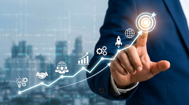 Businessman touching virtual target with arrow,analyzing sales data and economic growth graph chart,business finance and marketing strategy,successful investment concept on city background. - Powered by Adobe
