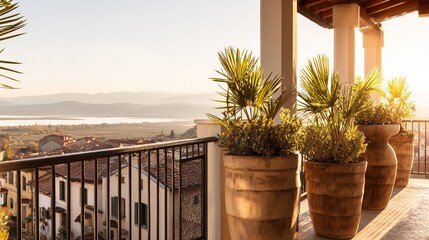 darning. Mediterranean villa balcony with terracotta pots and olive oil at sunset, coastal view in warm light. inspiring travel planning.