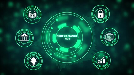 Glowing neon green performance hub interface with surrounding icons for business and strategy concepts - Powered by Adobe