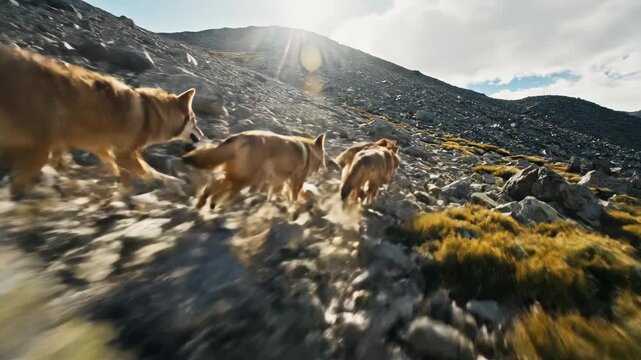 A pack of wolves swiftly ascends a rocky mountain under the bright sunlight capturing their energy