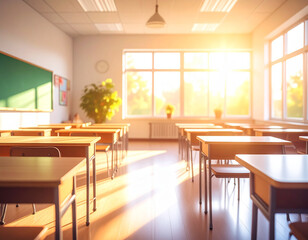 Fototapeta premium Blurred classroom interior, bright natural light background for education content.