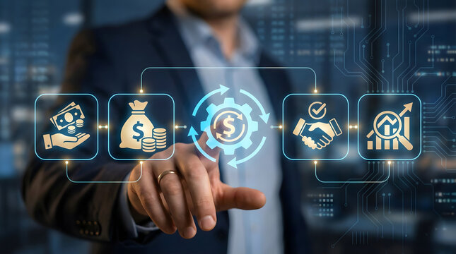 Business operation workflow diagram,hand touching process steps on screen,payment to growth cycle,corporate strategy execution,financial management system,digital transformation plan.