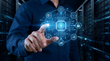 Specialist touching virtual AI brain chip processor in server room,showcasing artificial intelligence,machine learning,deep learning technology,and future computing infrastructure growth.