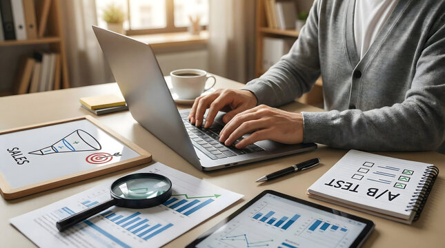 Marketer working on laptop with sales funnel drawing and AB test notebook,representing digital marketing strategy,conversion rate optimization,data analysis,and customer journey planning. - Powered by Adobe