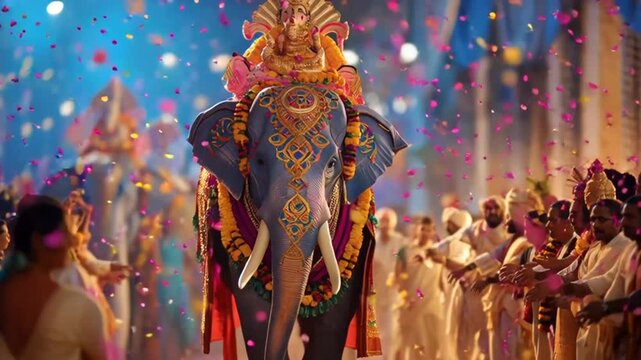 Elephants lead festival procession confetti falling