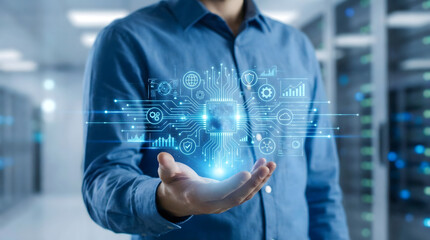 Futuristic microchip processor floating above hand,symbolizing advanced computing power,artificial intelligence technology,digital innovation,electronic circuit evolution.