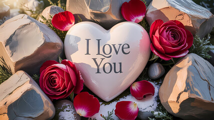 Heart shaped stone with I Love You message surrounded by roses