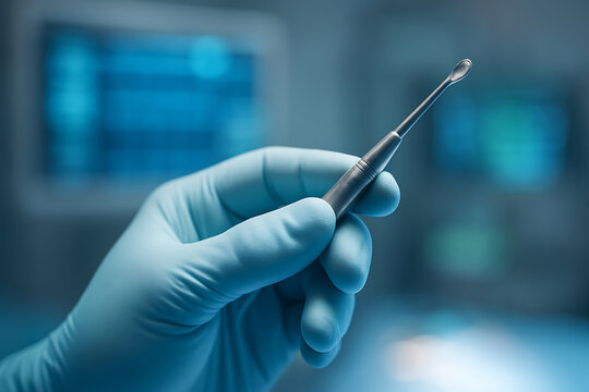 Dentist hand in blue glove holding a sharp explorer probe against a digital dental healthcare interface - Powered by Adobe