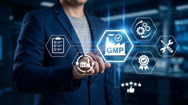 Good manufacturing practice concept with glowing hexagon icons,businessman touching virtual GMP symbol,optimizing industrial production,quality standard,safety rules.