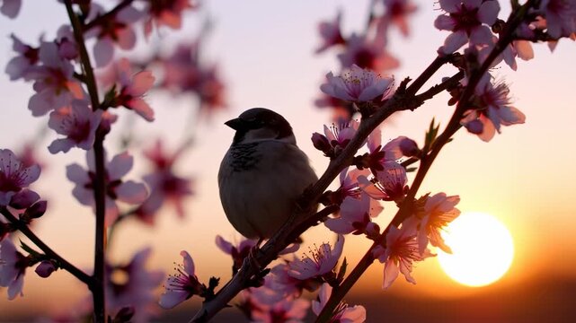 serene sunrise with a sparrow perched among blossoming almond branches, capturing the soft light and delicate beauty of nature's renewal